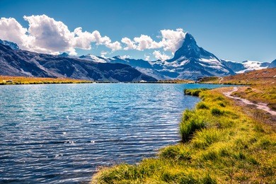 colorful summer view of the stellisee lake. great outdoor scene with matterhorn (monte cervino, mont cervin) in swiss alps, zermatt location, valais canton, switzerland, europe.