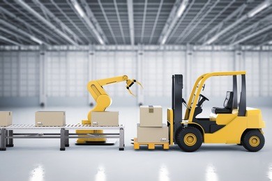 3d rendering forklift truck with robot arm and cardboard boxes