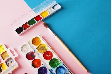 childrens , kids set of water color paints and brush.