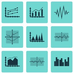 set of graphs, diagrams and statistics icons. premium quality symbol collection. icons can be used for web, app and ui design.