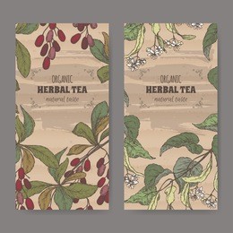 set of two color vintage labels for linden and barberry herbal tea. placed on cardboard texture.