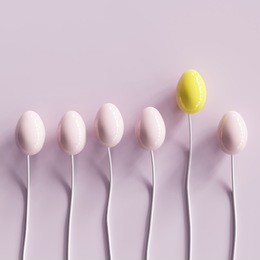outstanding yellow egg with many pink eggs on pastel pink background for copy space. minimal concept. top view.