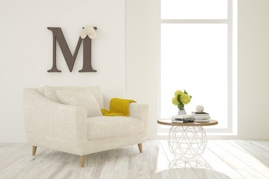 white room with armchair. scandinavian interior design. 3d illustration