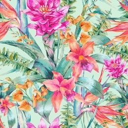 watercolor vintage floral tropical seamless pattern. exotic flowers, bird of paradise, twigs and leaves. botanical bright classic illustration isolated on green background. 