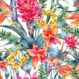 watercolor vintage floral tropical seamless pattern. exotic flowers, bird of paradise, twigs and leaves. botanical bright classic illustration isolated on white background. 