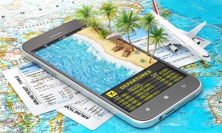 concept of travel. online airline tickets. part of sea line with palms and scoreboard of departures in the phone screen. 3d illustration