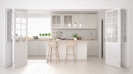 scandinavian classic kitchen with wooden and white details, minimalistic interior design, 3d illustration