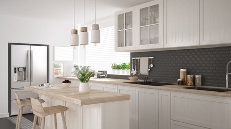 scandinavian classic kitchen with wooden and white details, minimalistic interior design 3d illustration