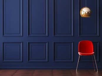 empty interior in the style of art deco with a chair and a floor lamp.