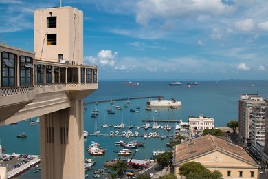 view of the lacerda elevator and the bay of all saints in bahia salvador