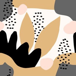 collage style seamless repeat pattern with abstract and organic shapes in mustard yellow, pastel pink, gray, black and cream. modern and original textile, wrapping paper, wall art design.