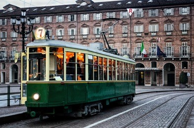 historical tram stops in piazza castello, main square of turin (italy)