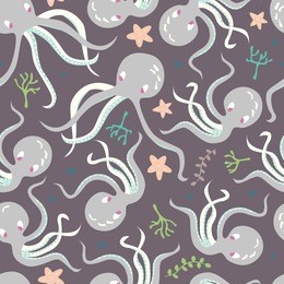 seamless pattern with underwater ocean animals, cute octopus and starfish, colorful vector illustration