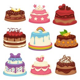 decorated sweet festival cakes collection isolated on white. vector poster of sweet baked cakes with colorful decorated confectioneries of chocolate and fruit. dessert attributes for holidays.