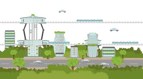 eco city of the future with transportation landscape isolated on white background vector