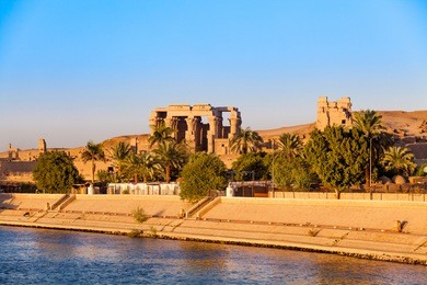 kom omeo temple at sunset on the nile in egypt