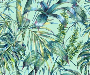natural leaves exotic watercolor seamless pattern, green tropical leaves, fern, dense jungle, hand painted botanical summer illustration on green background