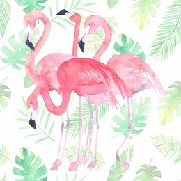 watercolor seamless pattern with flamingo and tropic leaves