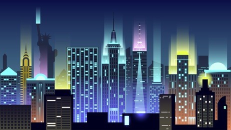 vector illustration background city night in neon style architecture buildings monuments town country travel usa, welcome new york, statue of liberty, united states of america, bridge, skyscrapers
