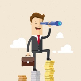 businessman stands on a mountain of coins and looks afar through a spyglass. business and finance concept. vector, illustration, flat.