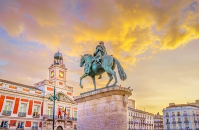 the puerta del sol square is the main public square in the city of madrid, spain. in the middle of the square is located the office of the president of the community of madrid.