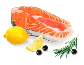 still life with red fish, lemon, olives and rosemary. a set of healthy food: salmon, vegetables, fruits and spices. vector illustration on white background.