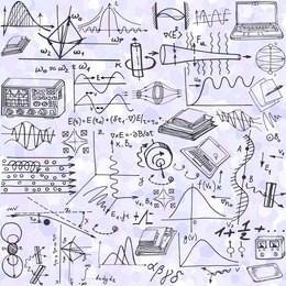 science seamless pattern with sketch elements related to physics of plasma and electromagnetic waves. vector background with science formulas, graphs, books, computers. hand drawn.