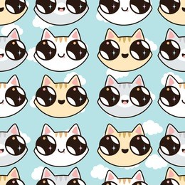 seamless pattern with kawaii kittens. seamless pattern of cute cartoon cats, different breeds and colors.cats on a blue background