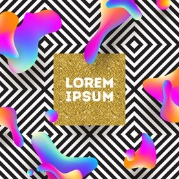 abstract vector illustration - fluid multicolored drops and glitter gold square frame on a black and white geometric background. design for covers, greeting card, poster or flyers.