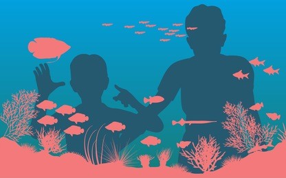 editable vector illustration of mother and son looking at fish in an aquarium