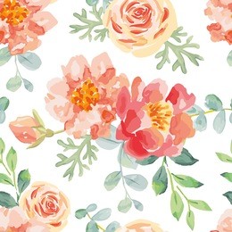 pink roses and peonies with green leaves on the white background. watercolor vector seamless pattern. big romantic garden flowers.