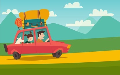 summer trip vector illustration space for your text. family with dog on vacation. cartoon character happy dad and daughter on summer holidays. car trip to camp, tourism concept