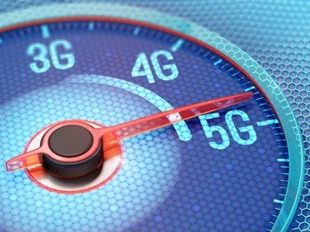 ultrafast 5g wireless network on display of the speedometer. 3d illustration.