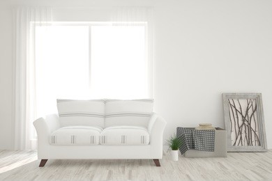 white room with sofa. scandinavian interior design. 3d illustration