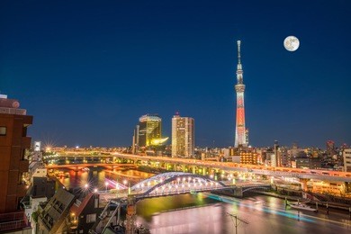tokyo skyline with the sumida river in japan