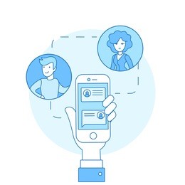 linear flat correspondence on smartphone screen, male hand holding phone vector illustration. man and woman characters chatting. mobile connection, communication concept