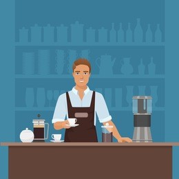 a smiling young man barista preparing coffee with coffee-machine vector in cafe restaurant