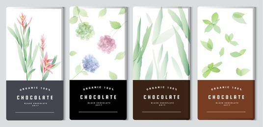 chocolate bar packaging mock up set, watercolor style. trendy luxury product branding template with label and geometric pattern. vector 