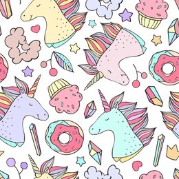 seamless pattern with unicorns, sweets, and crystals.