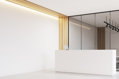 side view of a new office lobby with wooden decoration elements, elegant white reception counter, an office with glass walls, clean and bright. 3d rendering. mock up.