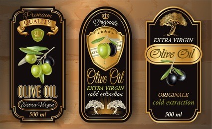 vector vintage style olive oil labels with realistic plant branches and graphic symbols on wooden background. luxury gold and black design for olive oil packaging. font names included in the layers