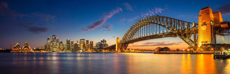 sydney. panoramic image of sydney, australia with harbour bridge during twilight blue hour.