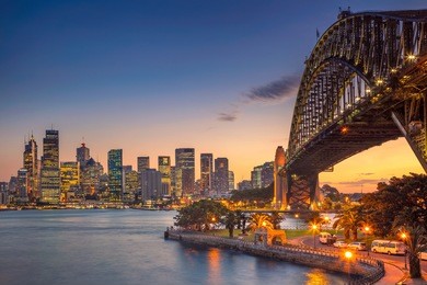 sydney. cityscape image of sydney, australia with harbour bridge during summer sunset.