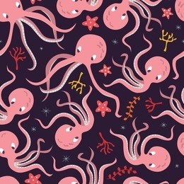 seamless pattern with underwater ocean animals, cute octopus and starfish, colorful vector illustration