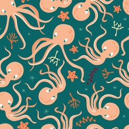 seamless pattern with underwater ocean animals, cute octopus and starfish, colorful vector illustration