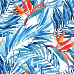 watercolor tropical leaves and flowers seamless pattern. watercolour palm leaves and bird-of-paradise painting. hand painted illustration for summer design. water color exotic background.