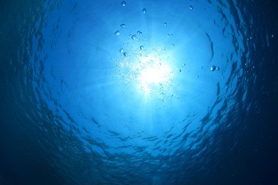 water surface with bubbles and sunlight in the ocean