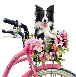 the puppy collie rides in the basket on the bike