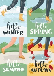 vector cartoon illustration of hello four season, vector calligraphy style with funny illustration of legs in boots walking in the park in different part of year