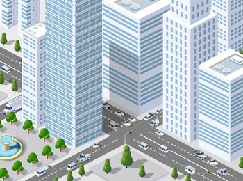 isometric 3d illustration city urban area with a lot of houses and skyscrapers, streets, trees and vehicles